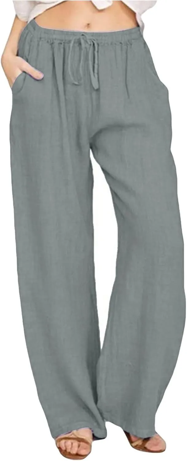 Wide Leg Linen Pants for Women Summer Casual Straight Leg Baggy Pants Lightweight High Waisted Trousers with Pockets