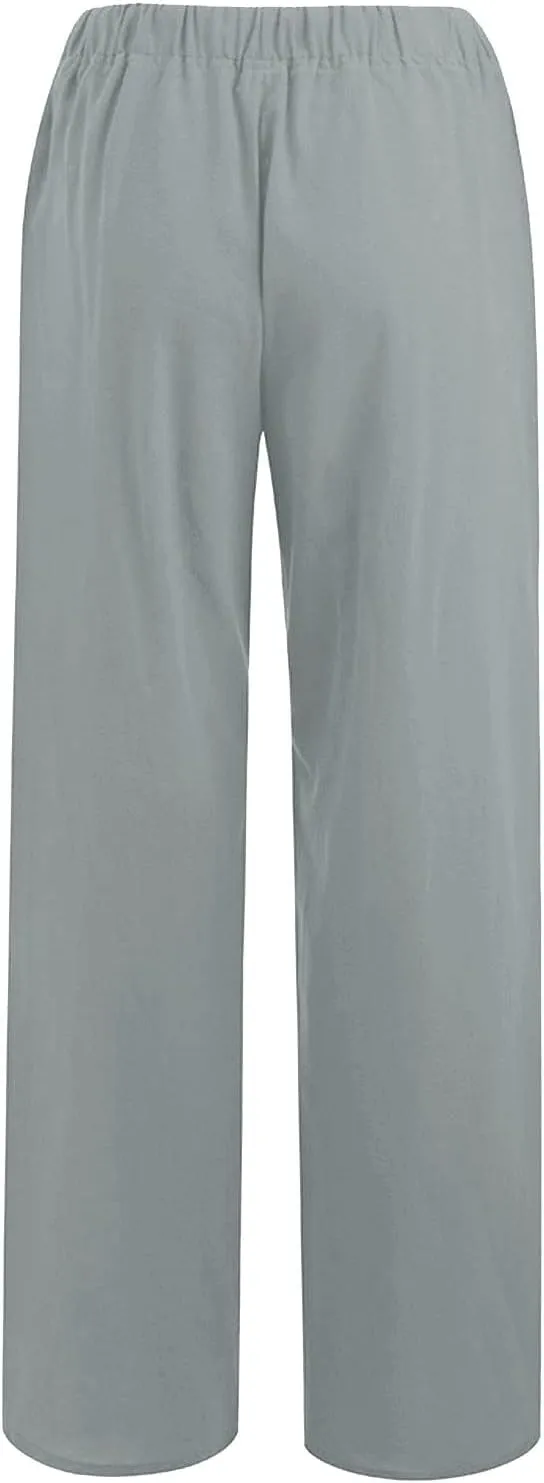 Wide Leg Linen Pants for Women Summer Casual Straight Leg Baggy Pants Lightweight High Waisted Trousers with Pockets