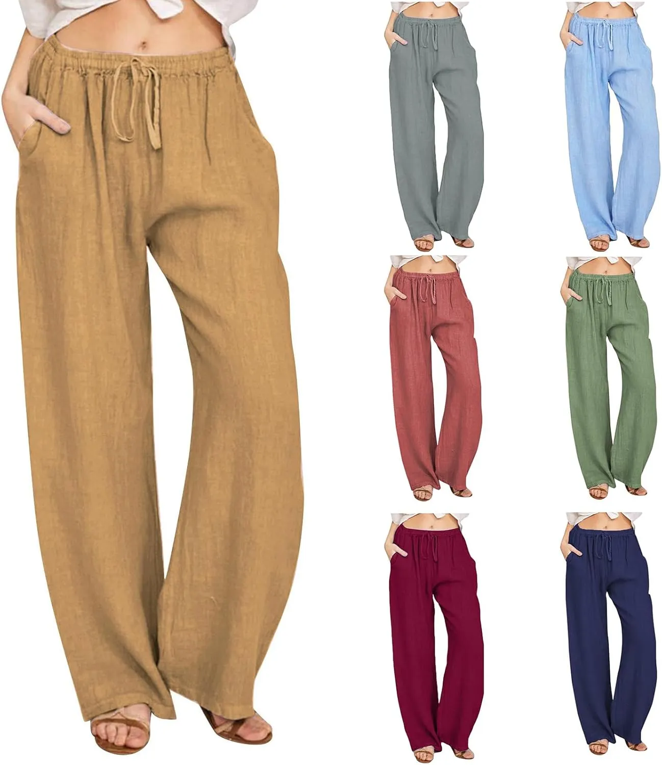 Wide Leg Linen Pants for Women Summer Casual Straight Leg Baggy Pants Lightweight High Waisted Trousers with Pockets