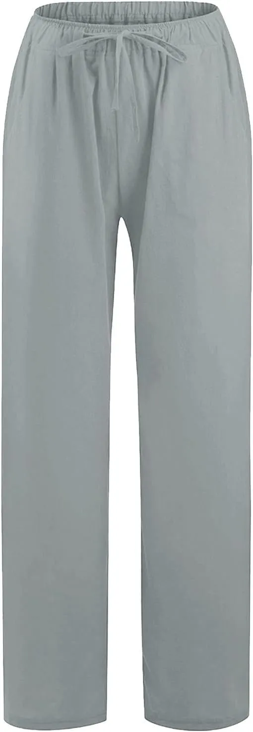 Wide Leg Linen Pants for Women Summer Casual Straight Leg Baggy Pants Lightweight High Waisted Trousers with Pockets