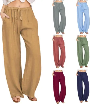 Wide Leg Linen Pants for Women Summer Casual Straight Leg Baggy Pants Lightweight High Waisted Trousers with Pockets