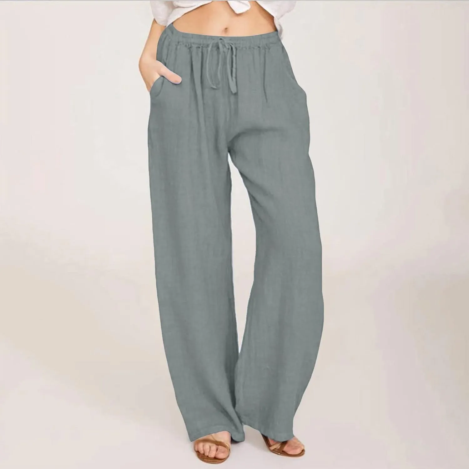 Wide Leg Linen Pants for Women Summer Casual Straight Leg Baggy Pants Lightweight High Waisted Trousers with Pockets