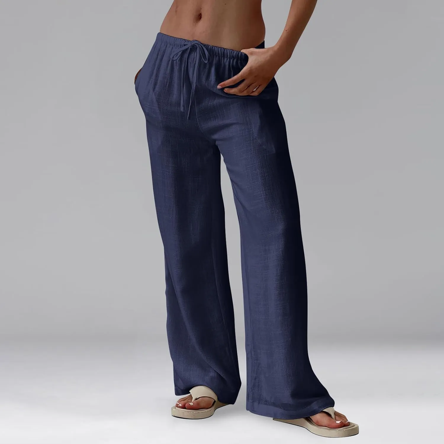 Wide Leg Linen Pants Women High Waisted Drawstring Cotton Palazzo Pants Straight Leg Flowy Beach Pants with Pockets