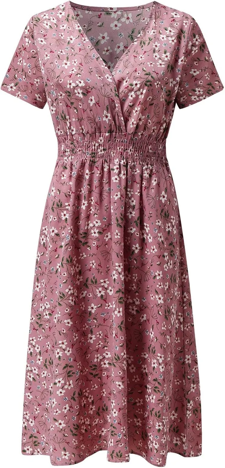 Women's 2025 Summer Boho Floral Print V Neck Ruffle Swing Beach Long Maxi Dress Beach Flowy Sundress