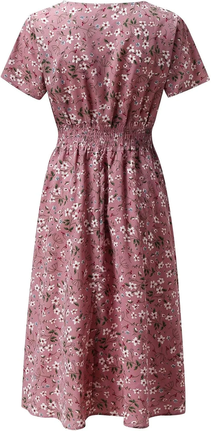 Women's 2025 Summer Boho Floral Print V Neck Ruffle Swing Beach Long Maxi Dress Beach Flowy Sundress