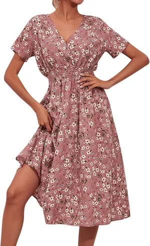 Women's 2025 Summer Boho Floral Print V Neck Ruffle Swing Beach Long Maxi Dress Beach Flowy Sundress