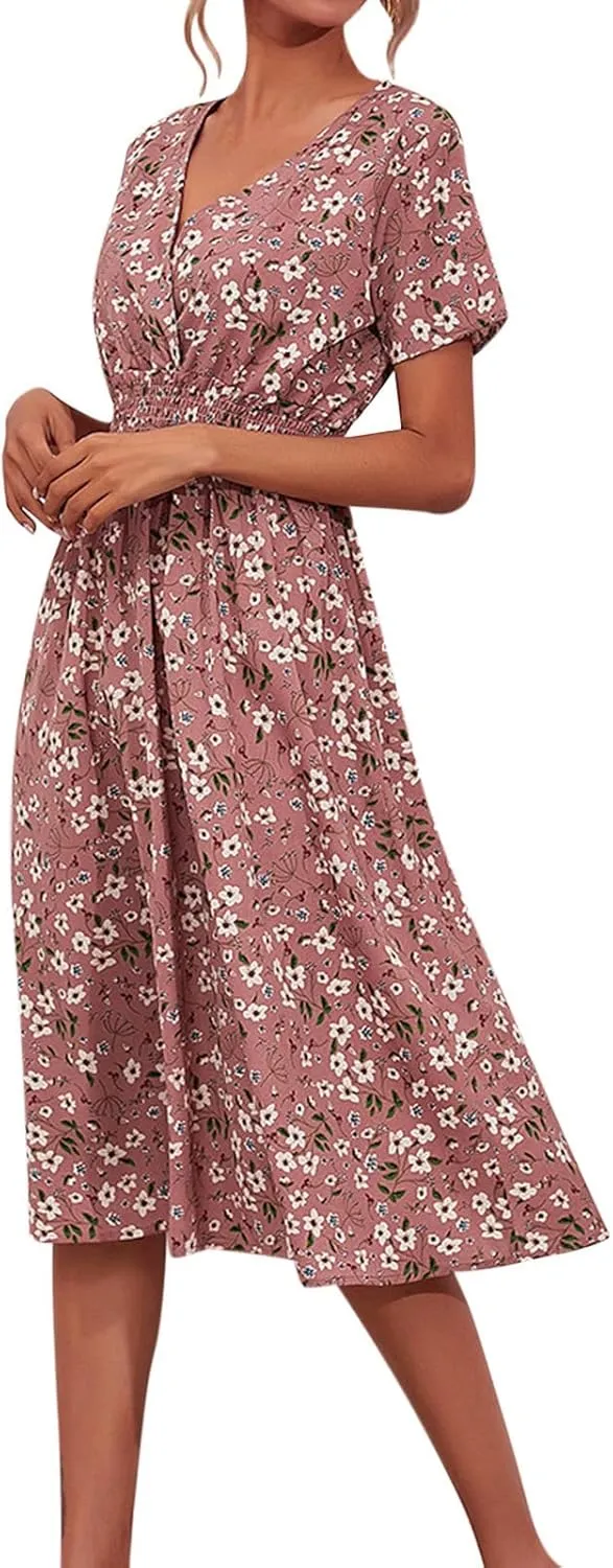 Women's 2025 Summer Boho Floral Print V Neck Ruffle Swing Beach Long Maxi Dress Beach Flowy Sundress