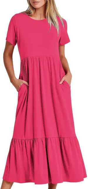 Womens Casual Summer Dresses Short Sleeve Crewneck Swing Dress Flowy Tiered Maxi Beach Dress Loose Pocket Long Dress
