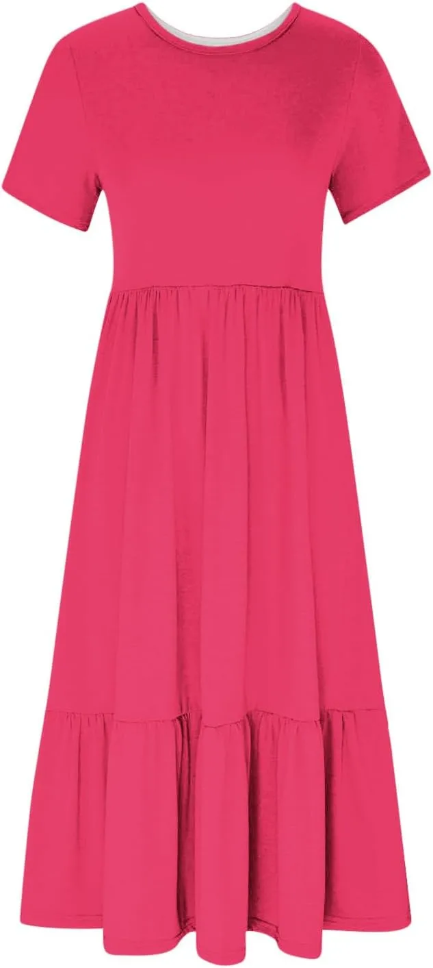 Womens Casual Summer Dresses Short Sleeve Crewneck Swing Dress Flowy Tiered Maxi Beach Dress Loose Pocket Long Dress