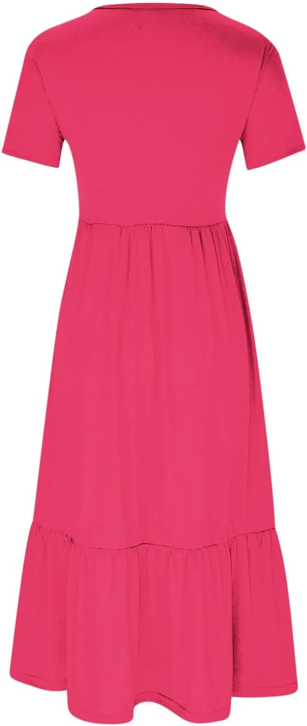 Womens Casual Summer Dresses Short Sleeve Crewneck Swing Dress Flowy Tiered Maxi Beach Dress Loose Pocket Long Dress