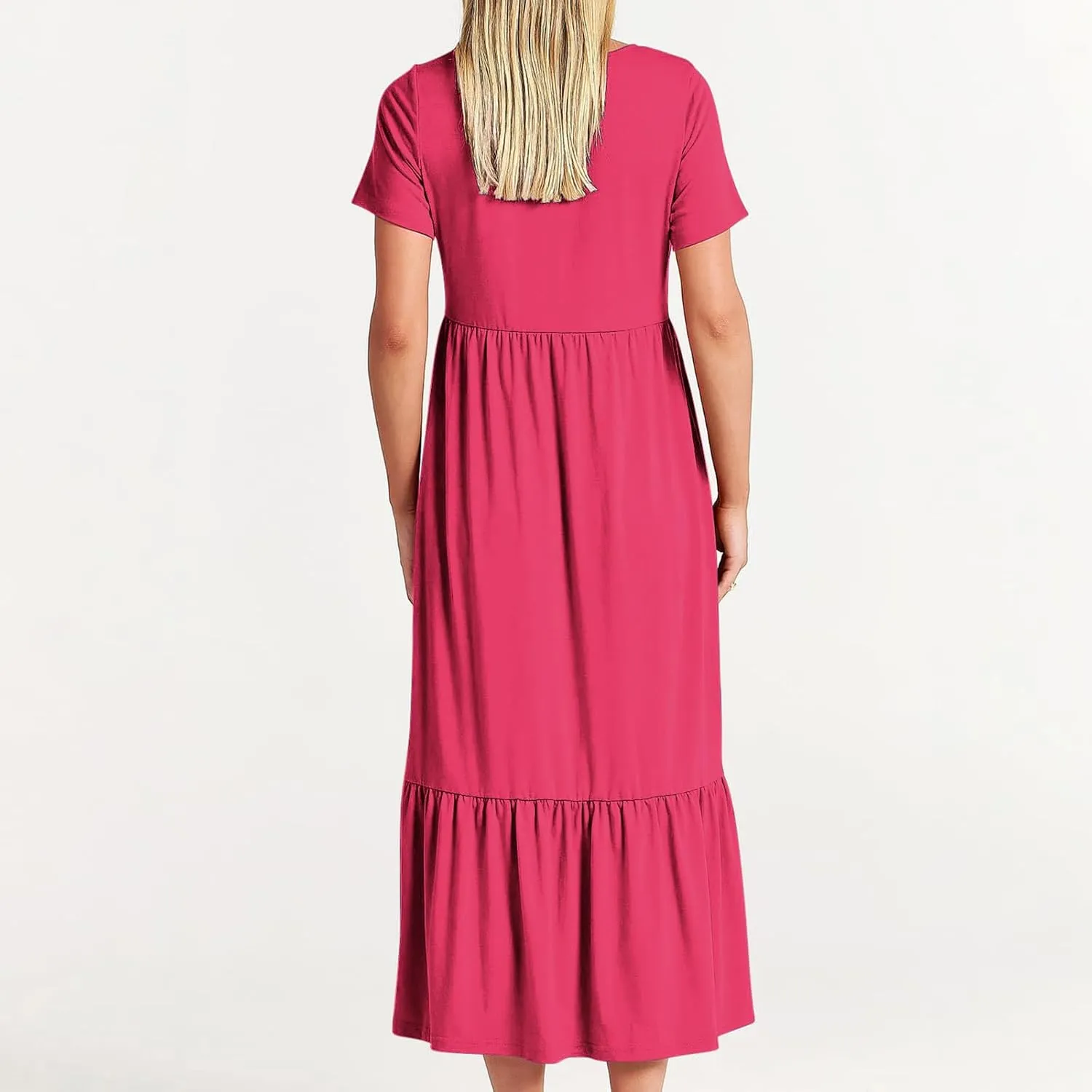 Womens Casual Summer Dresses Short Sleeve Crewneck Swing Dress Flowy Tiered Maxi Beach Dress Loose Pocket Long Dress