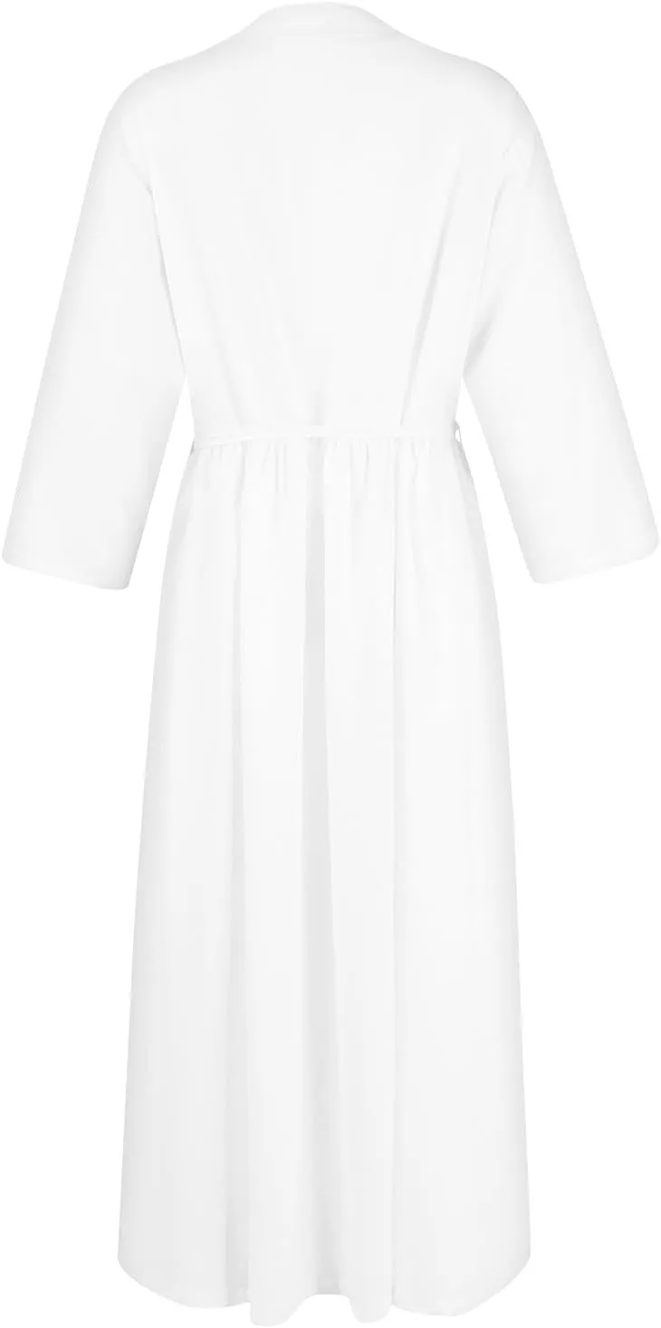 Womens Lace-Up Dresses A-Line 3/4 Sleeve V Neck Button Down Flowy Boho Dress Summer Vacation