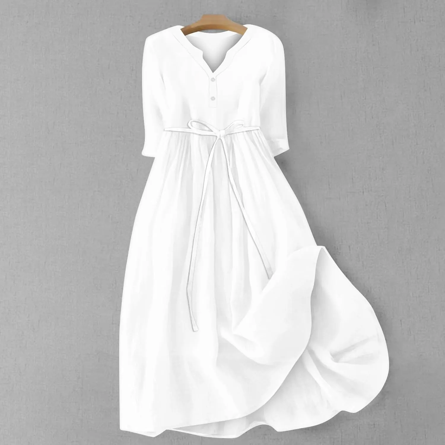 Womens Lace-Up Dresses A-Line 3/4 Sleeve V Neck Button Down Flowy Boho Dress Summer Vacation