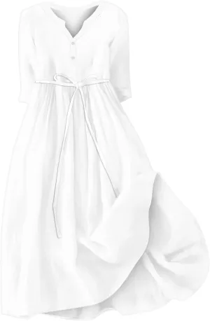 Womens Lace-Up Dresses A-Line 3/4 Sleeve V Neck Button Down Flowy Boho Dress Summer Vacation