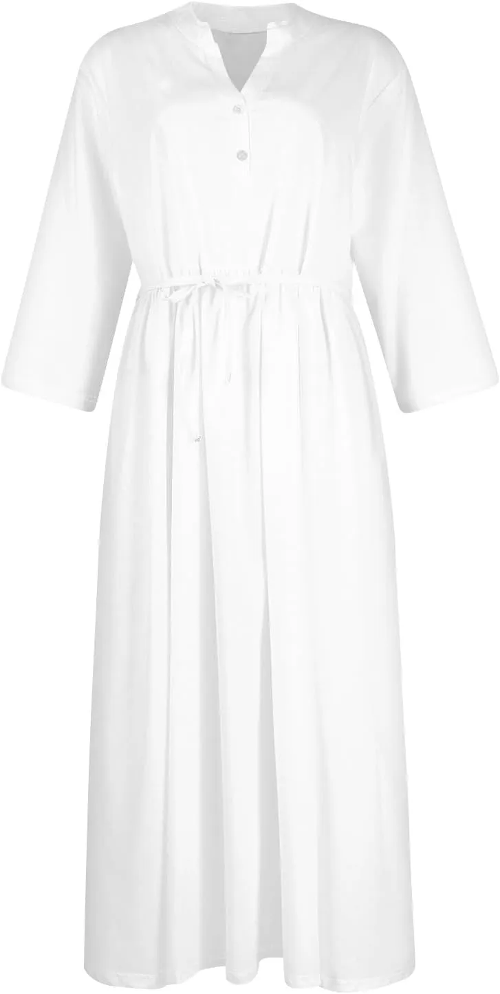 Womens Lace-Up Dresses A-Line 3/4 Sleeve V Neck Button Down Flowy Boho Dress Summer Vacation