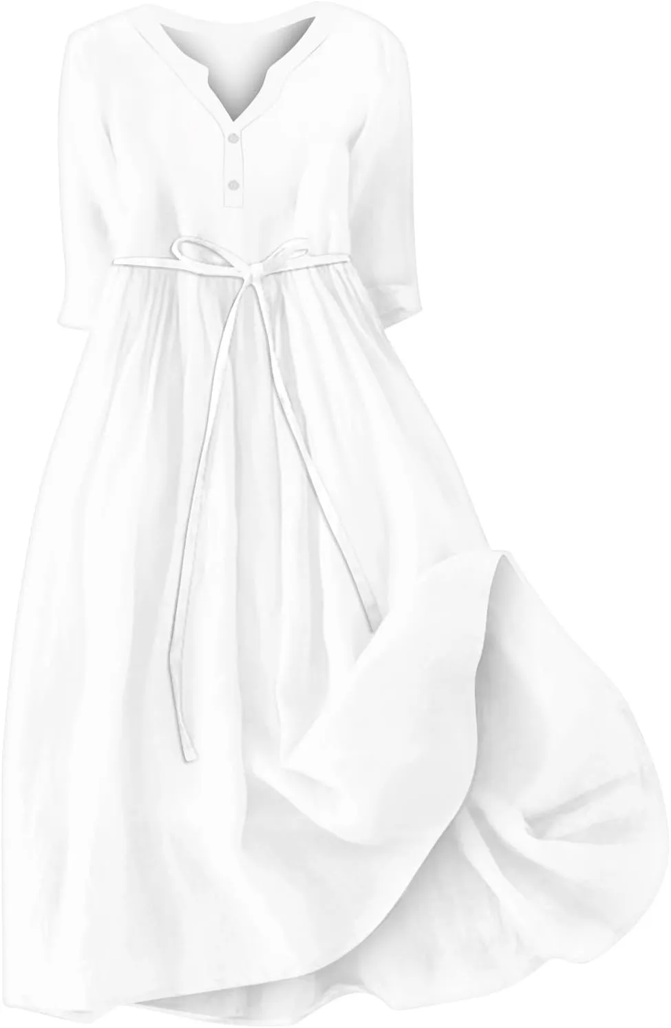 Womens Lace-Up Dresses A-Line 3/4 Sleeve V Neck Button Down Flowy Boho Dress Summer Vacation