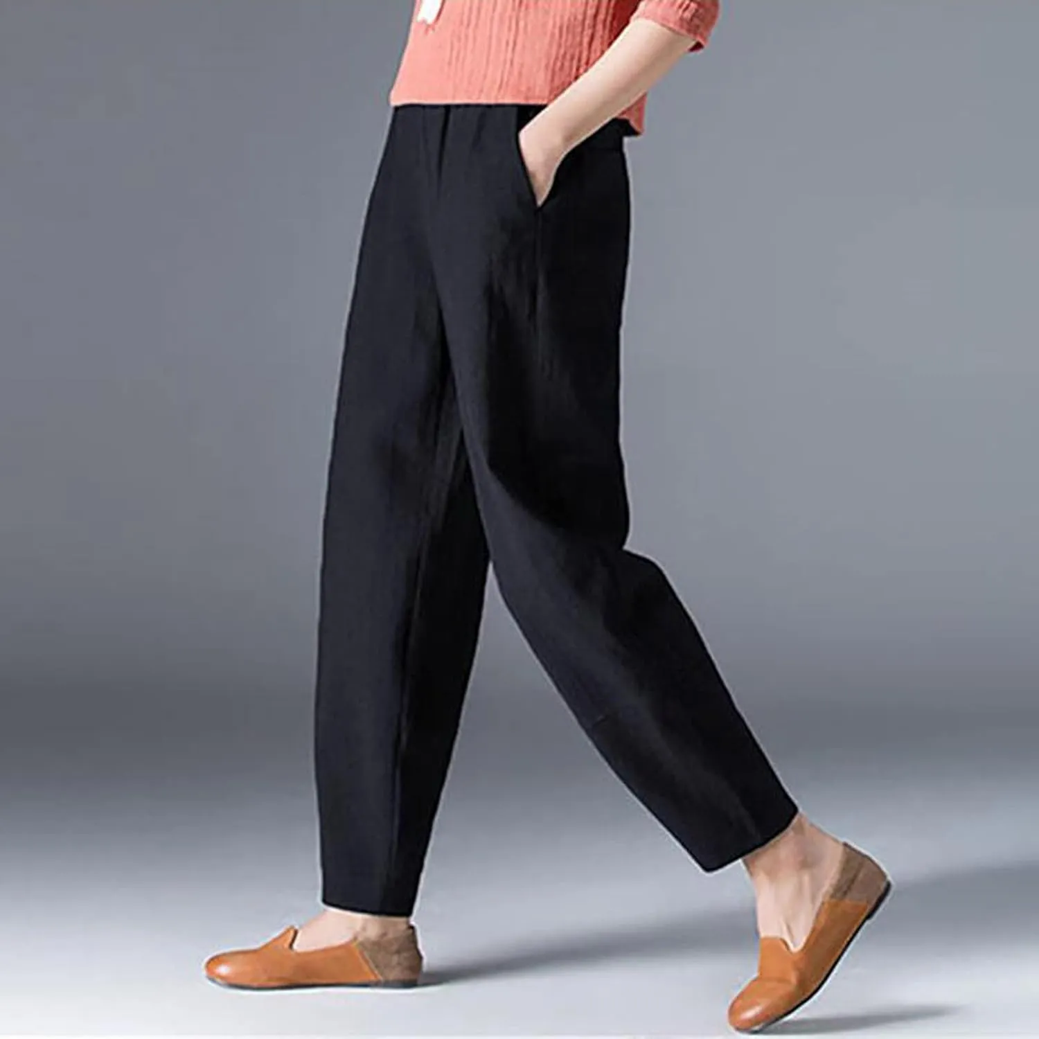 Women's Linen Pants Plus Size High Waisted Elastic Trouser Summer Drawstring Pants Loose Fit Lightweight Long Pants
