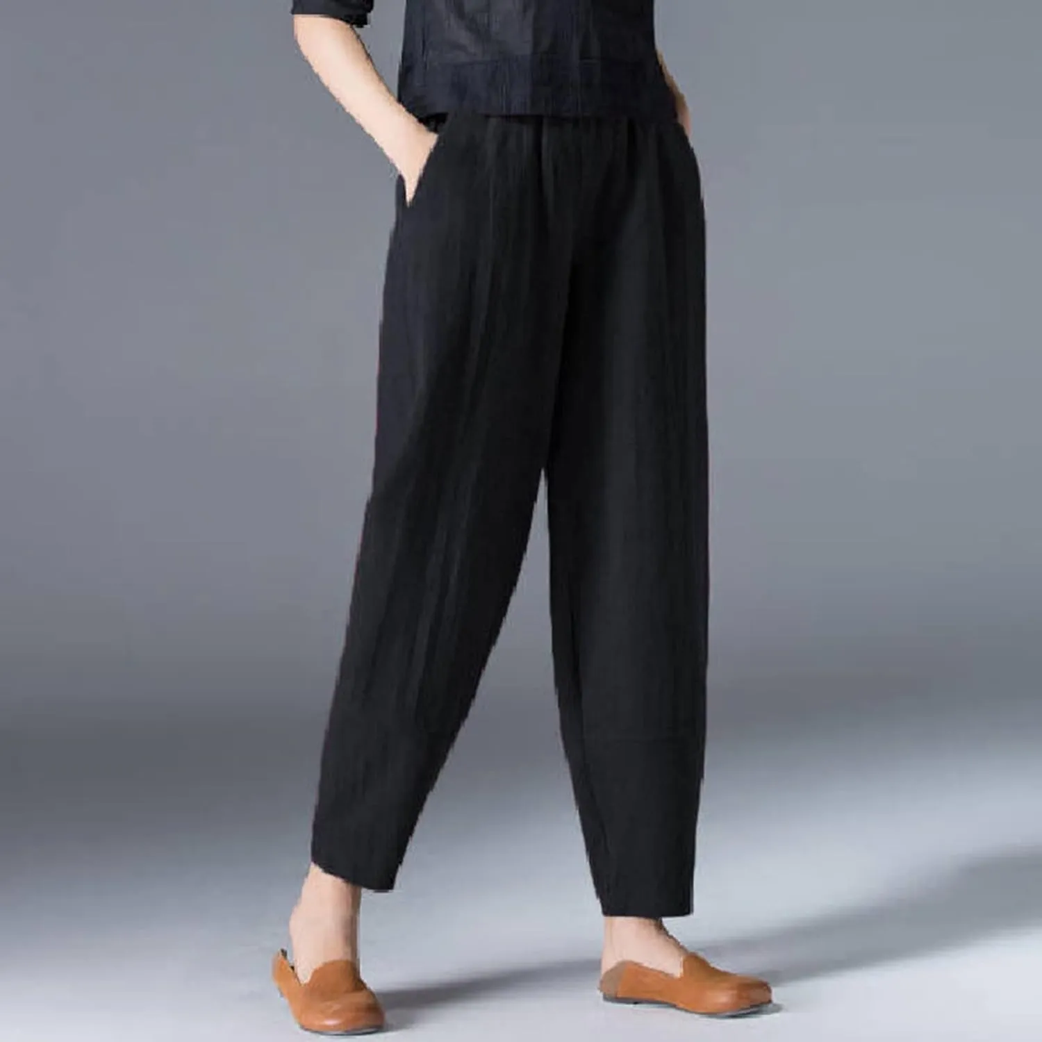 Women's Linen Pants Plus Size High Waisted Elastic Trouser Summer Drawstring Pants Loose Fit Lightweight Long Pants