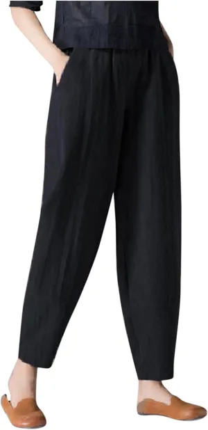 Women's Linen Pants Plus Size High Waisted Elastic Trouser Summer Drawstring Pants Loose Fit Lightweight Long Pants
