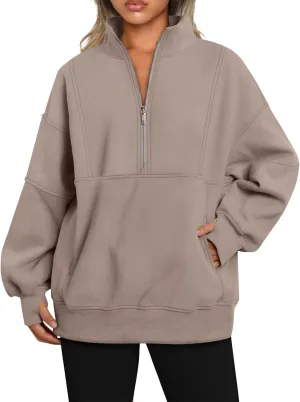 Women's Oversized Sweatshirts Long Sleeve Half Zip Fleece Pullover Tops Trendy Solid Color Fall Winter Clothes