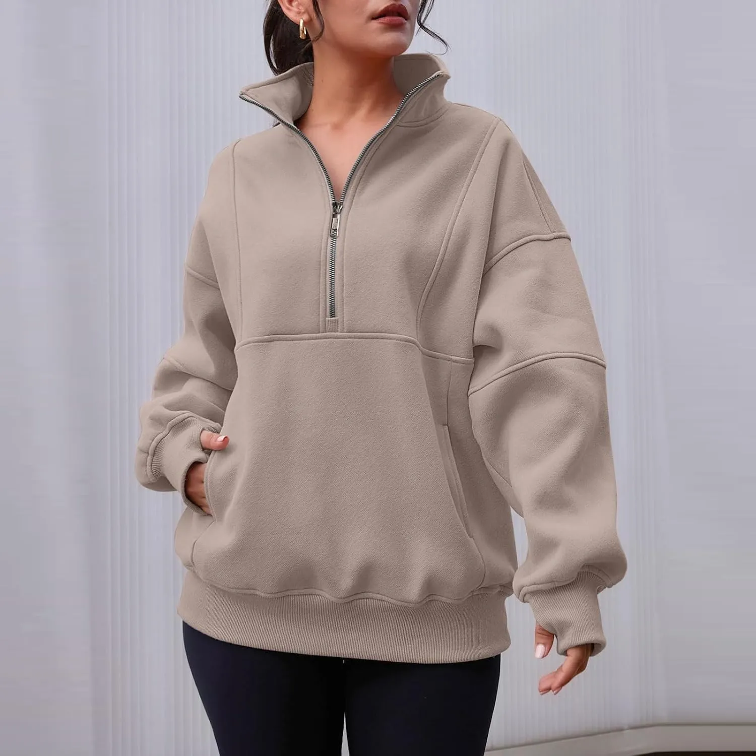 Women's Oversized Sweatshirts Long Sleeve Half Zip Fleece Pullover Tops Trendy Solid Color Fall Winter Clothes