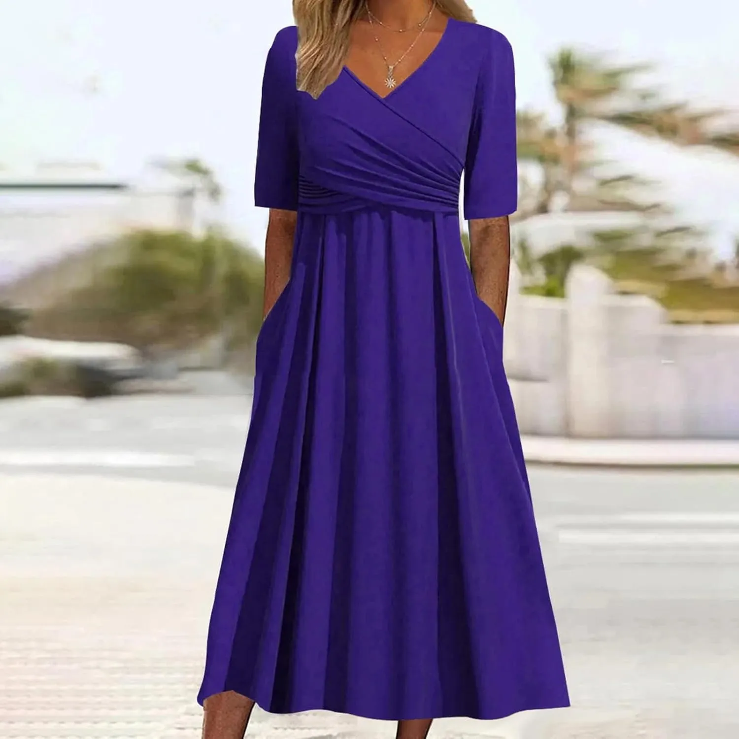 Women's Summer Floral Boho Dress V Neck Short Sleeve Ruffle A-Line Flowy Maxi Wedding Guest Dresses