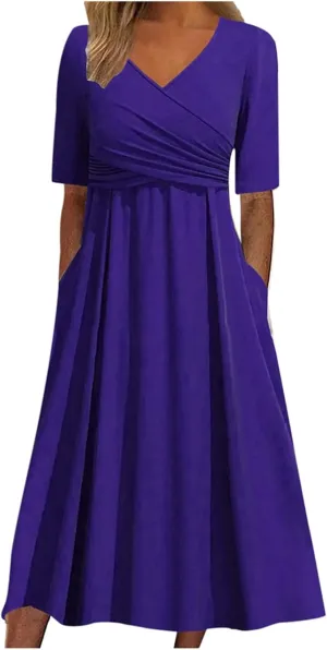Women's Summer Floral Boho Dress V Neck Short Sleeve Ruffle A-Line Flowy Maxi Wedding Guest Dresses