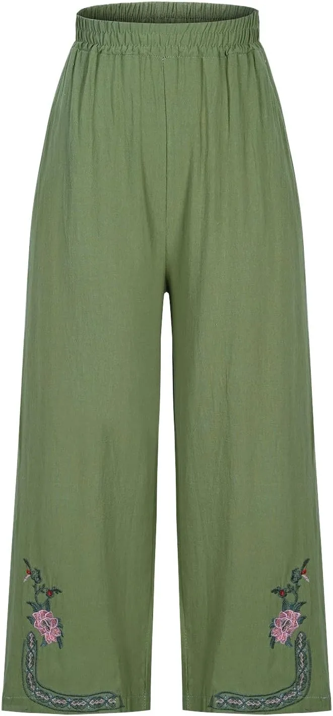 Womens Summer Linen Pants Pleated Boho High Waist Pant Floral Print Wide Leg Pants Palazzo Flowy Beach Pant Loose Fit