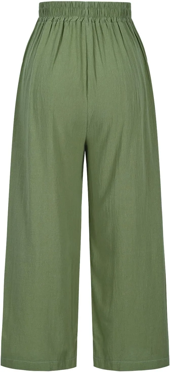 Womens Summer Linen Pants Pleated Boho High Waist Pant Floral Print Wide Leg Pants Palazzo Flowy Beach Pant Loose Fit