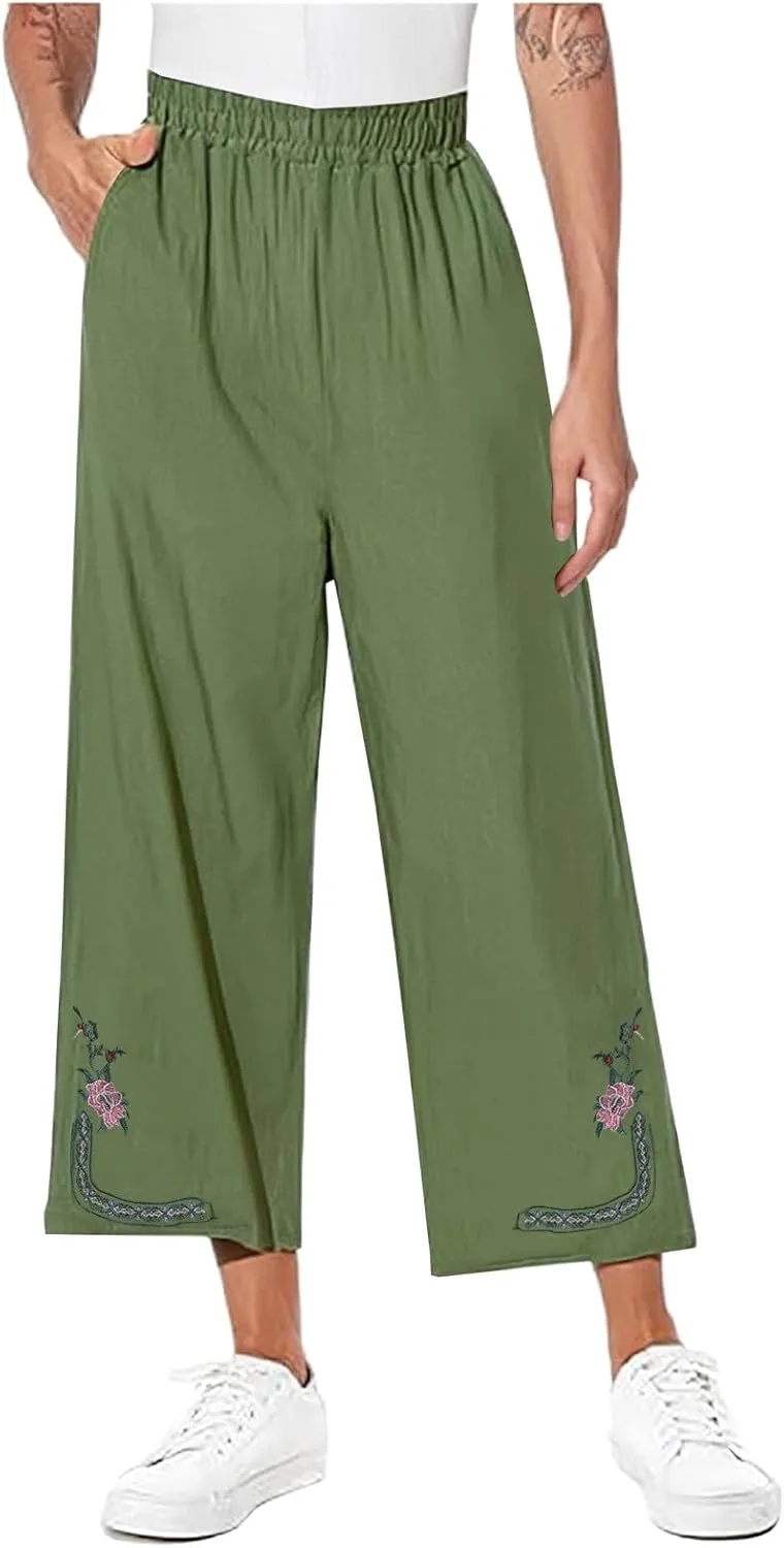 Womens Summer Linen Pants Pleated Boho High Waist Pant Floral Print Wide Leg Pants Palazzo Flowy Beach Pant Loose Fit
