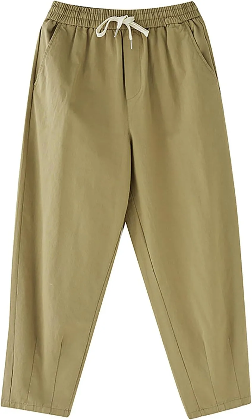 Womens Trendy Linen Pants 2025 Summer Elastic High Waist Pants Lightweight Casual Drawstring Beach Lounge Trousers