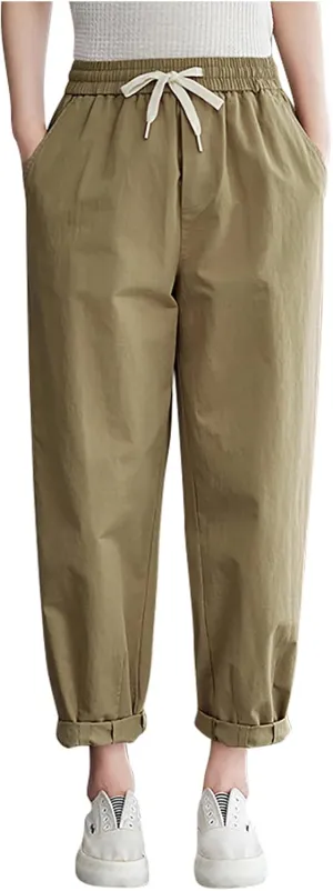 Womens Trendy Linen Pants 2025 Summer Elastic High Waist Pants Lightweight Casual Drawstring Beach Lounge Trousers