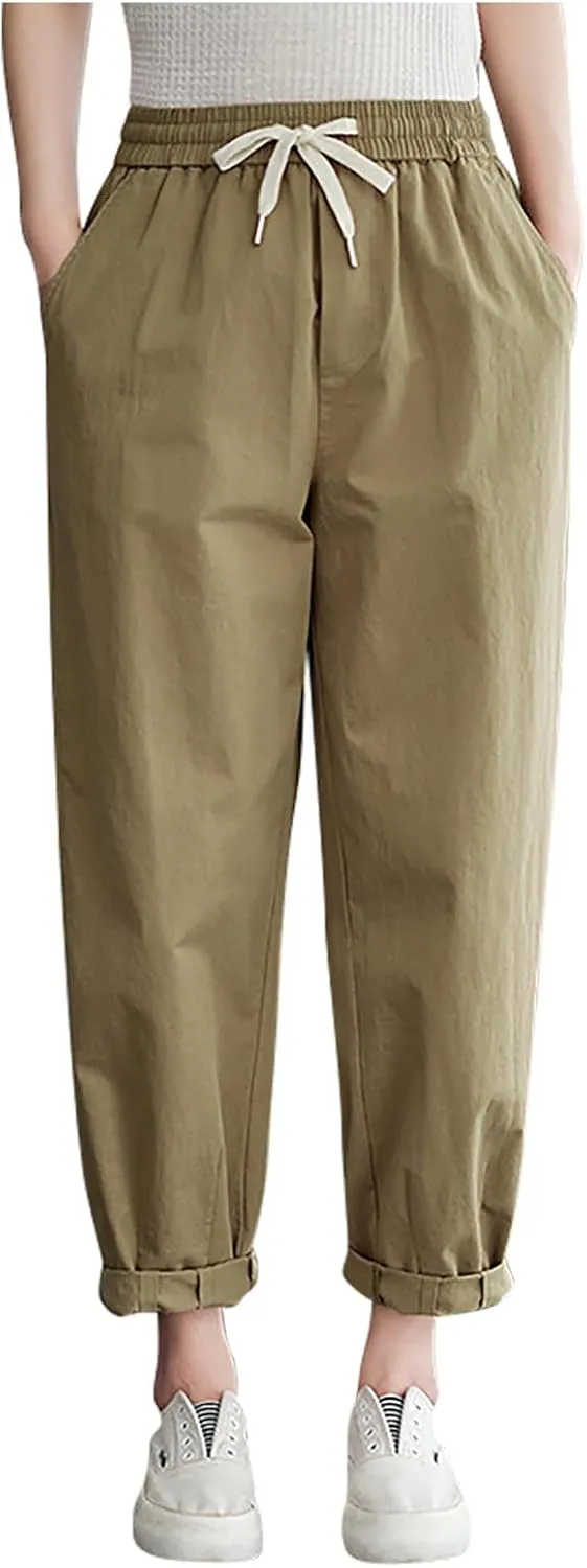 Womens Trendy Linen Pants 2025 Summer Elastic High Waist Pants Lightweight Casual Drawstring Beach Lounge Trousers