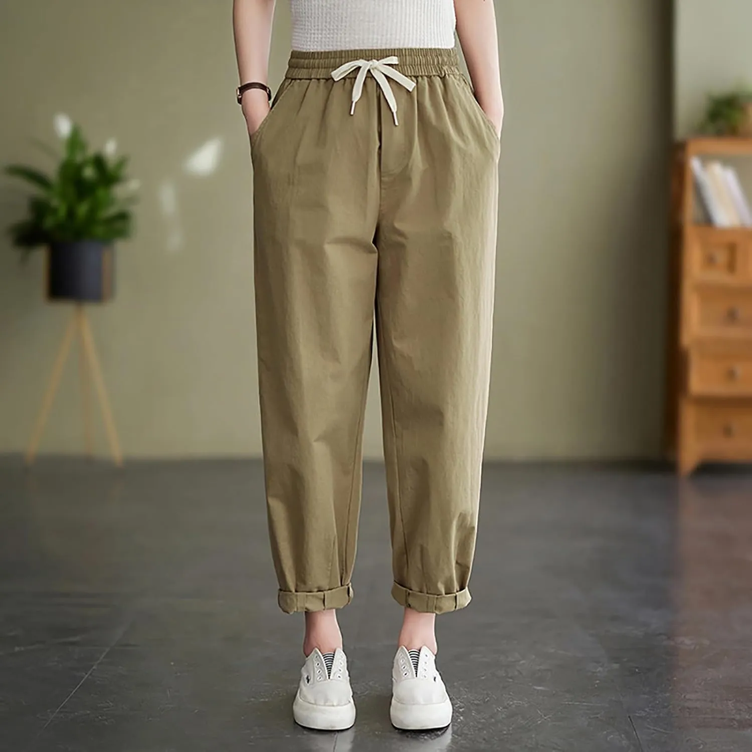 Womens Trendy Linen Pants 2025 Summer Elastic High Waist Pants Lightweight Casual Drawstring Beach Lounge Trousers
